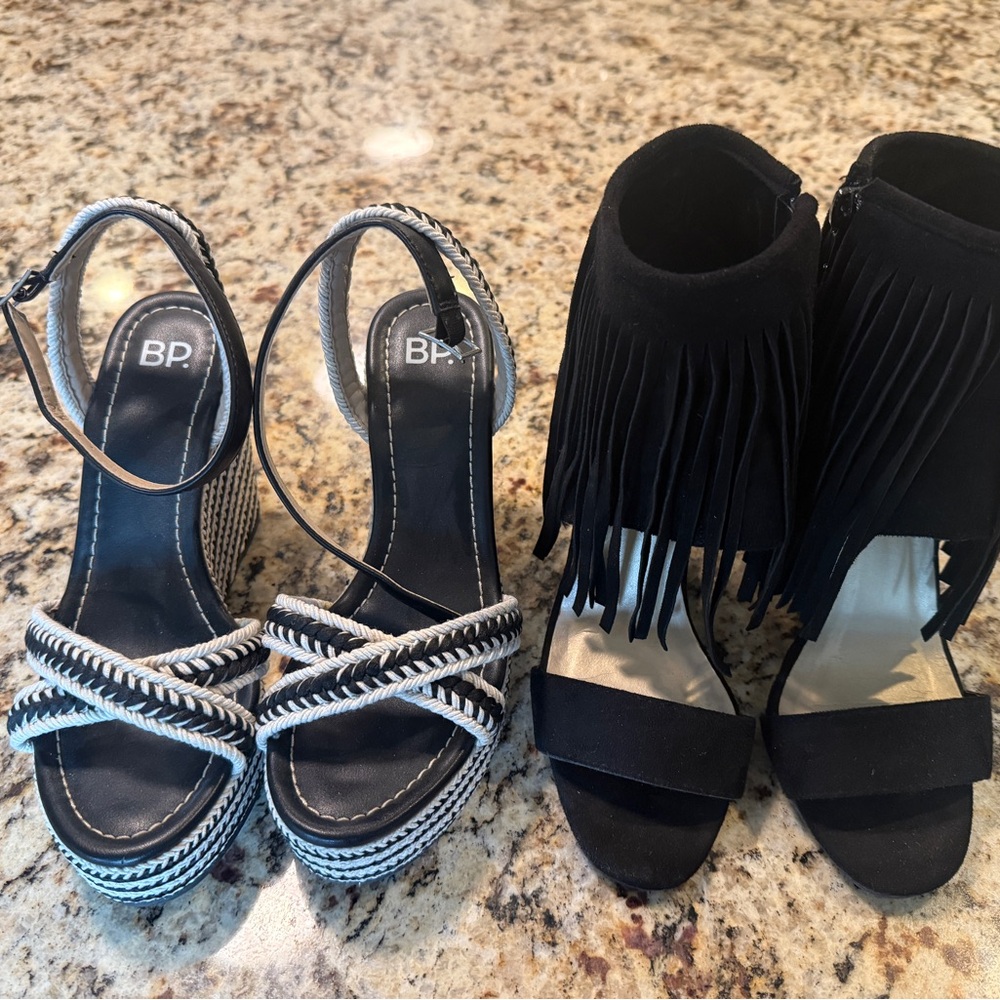 BP Black and White Espadrilles with Woven Straps + black fringe wedges